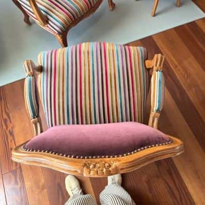 Vintage imprt french jewel stripe aubergine velvet silk accent chair 4