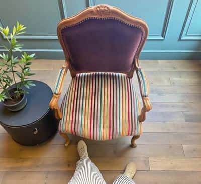 Vintage imprt french jewel stripe aubergine velvet silk accent chair 8
