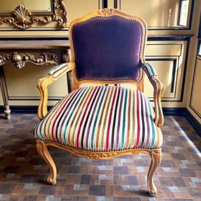 Vintage imprt french jewel stripe aubergine velvet silk accent chair 1