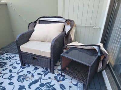 Brown and tan patio furniture (with extra wide umbrella!) 1