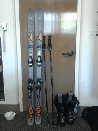 Skis, boots, poles and helmet 1