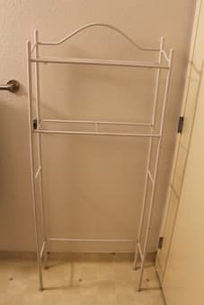 bathroom shelves over toilet, large garbage can, shoe rack, and more 1