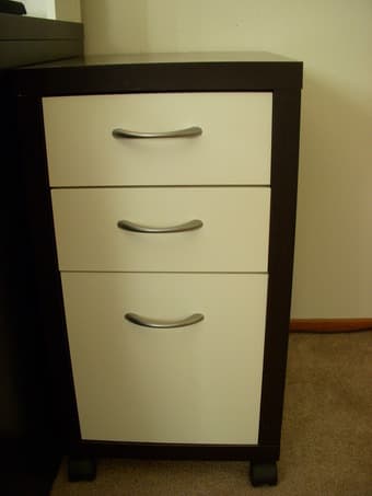 Black Ikea desk with shelves and drawers 2
