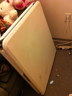 vacuum, standing light, chair, desk, clothes basket, bamboo mat 2