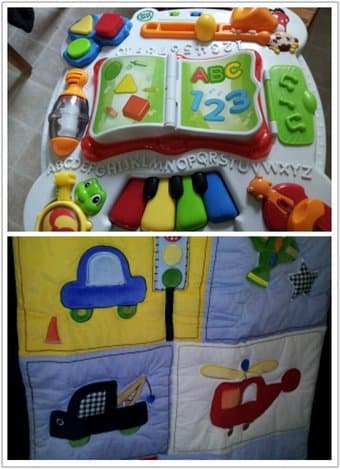baby's: music table, crib mattress, and quilt 1