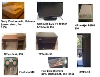 Mattress, desk, lamps, TV, foot spa 1