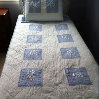 Periwinkle linens for two twin beds 1