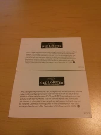 Two Red Lobster gift cards - selling for 60% off value exp Feb 12th 2