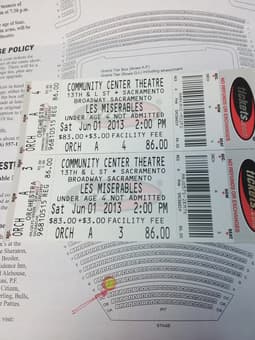 Two Les miserables musical tickets seat A3, A4 (Hard copy) 6/1 Sat 1