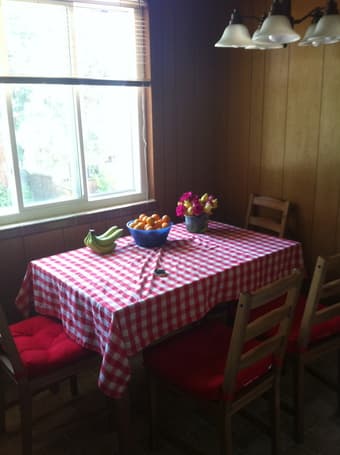 Kitchen table AND 4 chairs with 4 sleep cushions and tablecloth $150 1
