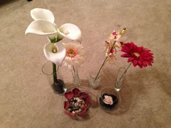 6 pc vases, 3 plastic flowers, decorative stones & marbles - $10 obo 1
