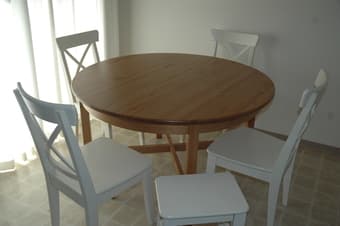 Round Expandable Dining set with 4 chairs and a small stool 1
