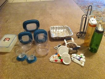tupperware, measuring cups, waterbottles, towel holder 1