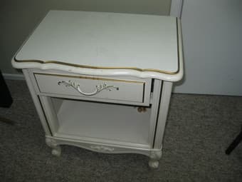 White,walnut table with gold frame,function as a night stand $30 1