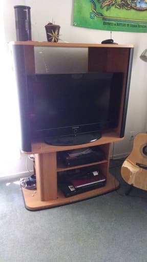 Solid wood queen bed frame, TV stand for up to 32" TV 1