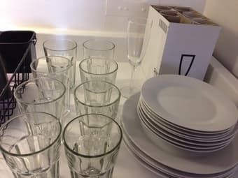 Plates, Glasses, Champagne Glasses, Cups, Pyrex, Silverware 1