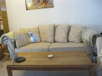 couch, love seat, coffee table, end table, and 2 lamps for $150! 1