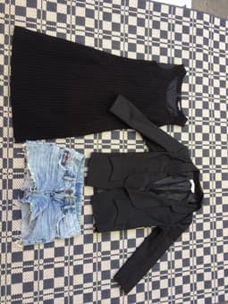black one-piece dress, black suit, jean short $1 each 1