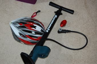 Biking gear: helmet, light, cycle pump 1