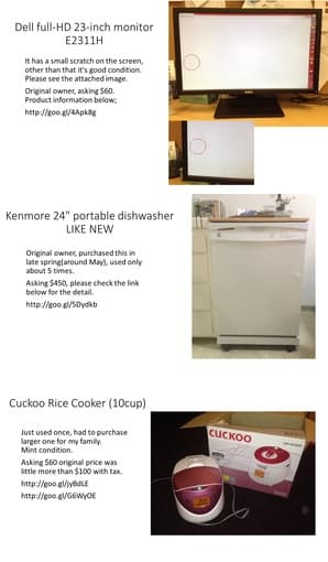 Kenmore portable dishwasher, Dell 23inch monitor, Cockoo Ricecooker 1