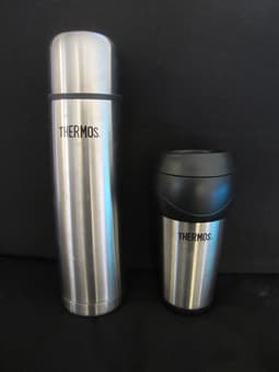 For sale: Thermos stainless steel bottle ($10) and travel mug ($8) 1