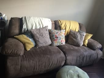 Ashley Mocha Microfiber Sofa Recliner + Coffee Table + TV Stand- $350 2