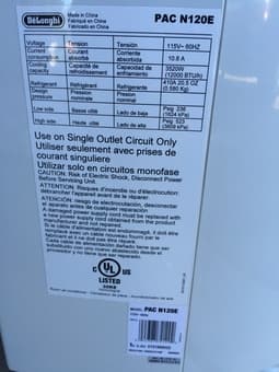 Delonghi pacn120e 12 000 btu portable air conditioner $250 2
