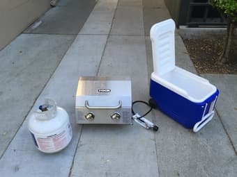 NVR Tabletop Propane Grill With Propane Tank, Grilling Tools, and Cooler 3