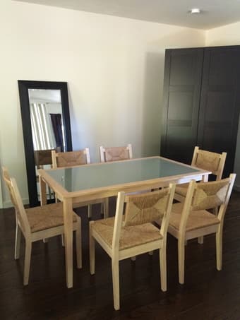 Blond hardwood, glass inset dining table 8 chairs $200 OBO must sell! 1