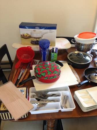 Dishes, cups, glasses, mugs, bowls, pots, pans, kitchen appliances--$1 3
