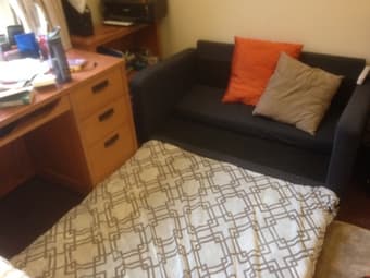 IKEA FUTON, SOFA BED $100, SPACIOUS MINI FRIDGE $70, MICROWAVE $25 2