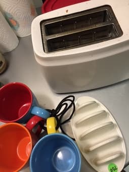 For sale--Mugs, toaster, radio alarm clock, laundry basket, heater 1