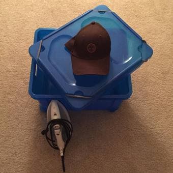 Moving sale... box, kitchen utensils, iron, hat 1