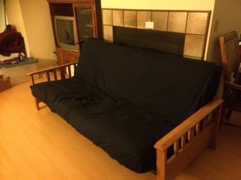 Dark blue and Wood Futon - $80 1
