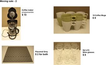 Kitchen items - coffee maker, mugs, wine glasses, place mats 1