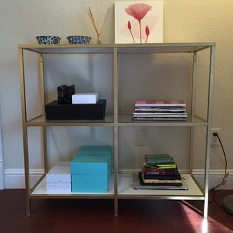 Queen bed, shelf , 2 LACK tables, lamp 2
