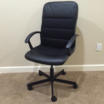 DESK, black brown $20; SWIVEL CHAIR, black $20; WORK LAMP, silver $15 2