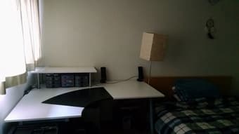 Queen Bed Frame + Mattress, 3 Shelf Bookcase, TV, Monitor, & Desk Lamp 2