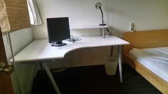 Queen Bed Frame + Mattress, 3 Shelf Bookcase, TV, Monitor, & Desk Lamp 3