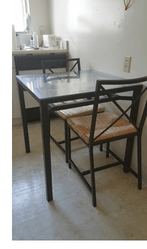 The kitchen table and a couple of chairs $15 + Kid’s chair $10 1