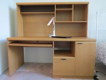 Wood Desk, chairs, Stools 1