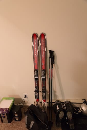 154cm skis, poles, goggles - $160 1