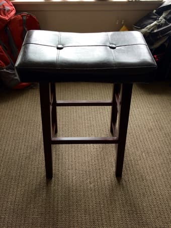 Dark cherry wood and faux leather bar stools (2) - $40 for the pair 1