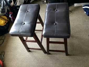 Dark cherry wood and faux leather bar stools (2) - $40 for the pair 3