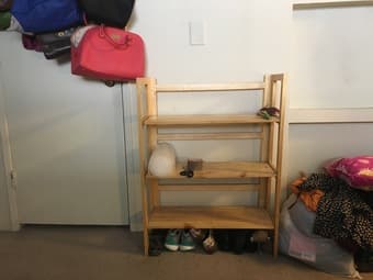 Step stool, foldable shelving unit, desk, ottoman, lamps, fan, iron 2