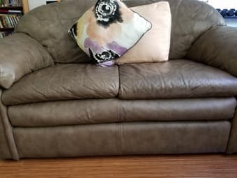 LEATHER LOVESEAT + FUTON * Brown leather sofa $75. Futon $50. BOTH $100. 1