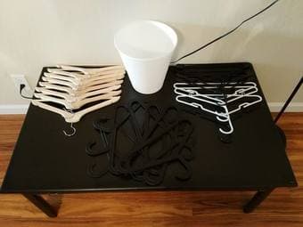 MOVING SALE! FLOOR LAMP/8 WOOD HANGERS/16 PLASTIC HANGERS/ BIN $30 2