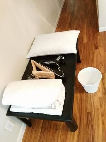 MOVING OUT NOW! DUVET/PILLOW/15 PVC & 8 WOOD HANGERS/PVC BIN $25 3