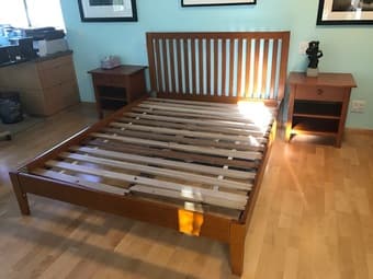 Queen bed frame with headboard, end tables; full mattress, boxspring 1