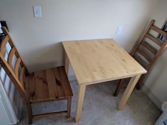 wooden table, 2 chairs 1